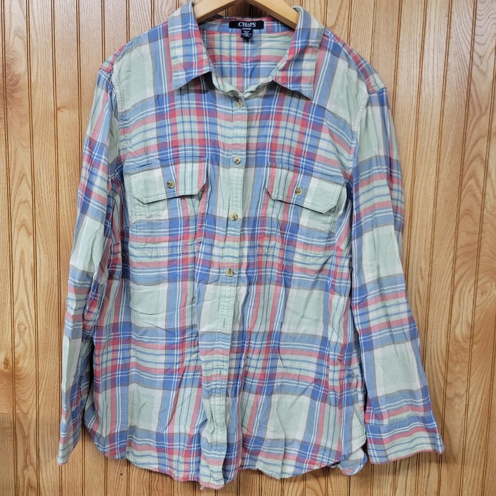 Chaps Womens 2X Plaid Button Down Shirt Flannel Style Layering Long Sleeve Top
